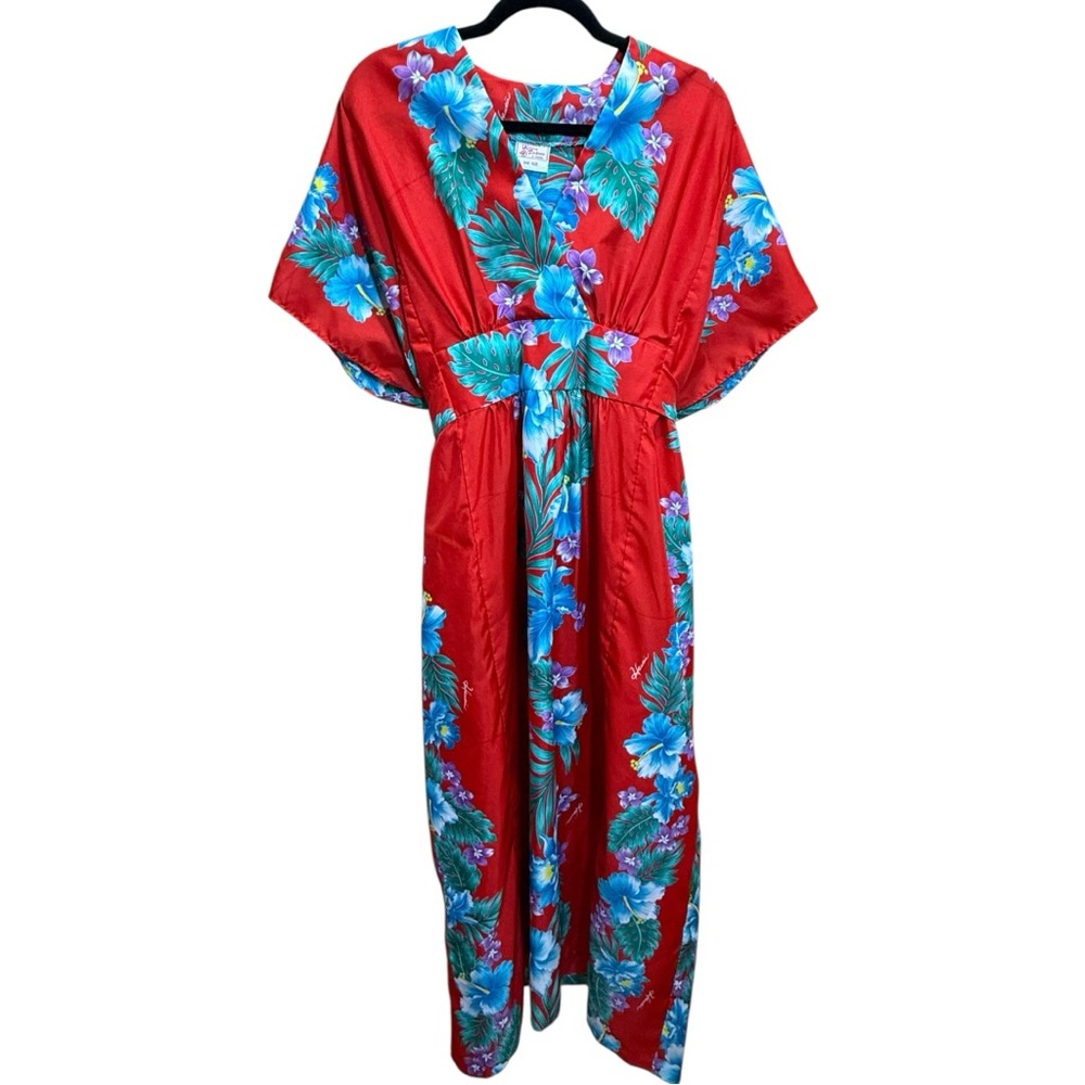 Vintage Kalena Fashions of Hawaii Red Hibiscus Caftan Maxi Dress One Size (S-XL)